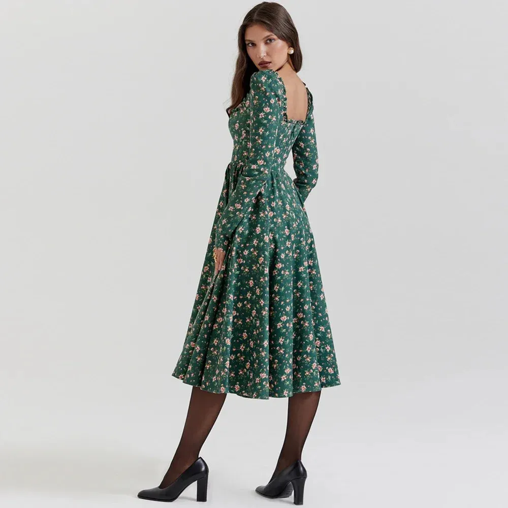 Sladuo Women's Autumn and Winter Fashion Long Sleeves Green Floral Print Midi Dress High Waist Chritmas Party A-line Midi Dress