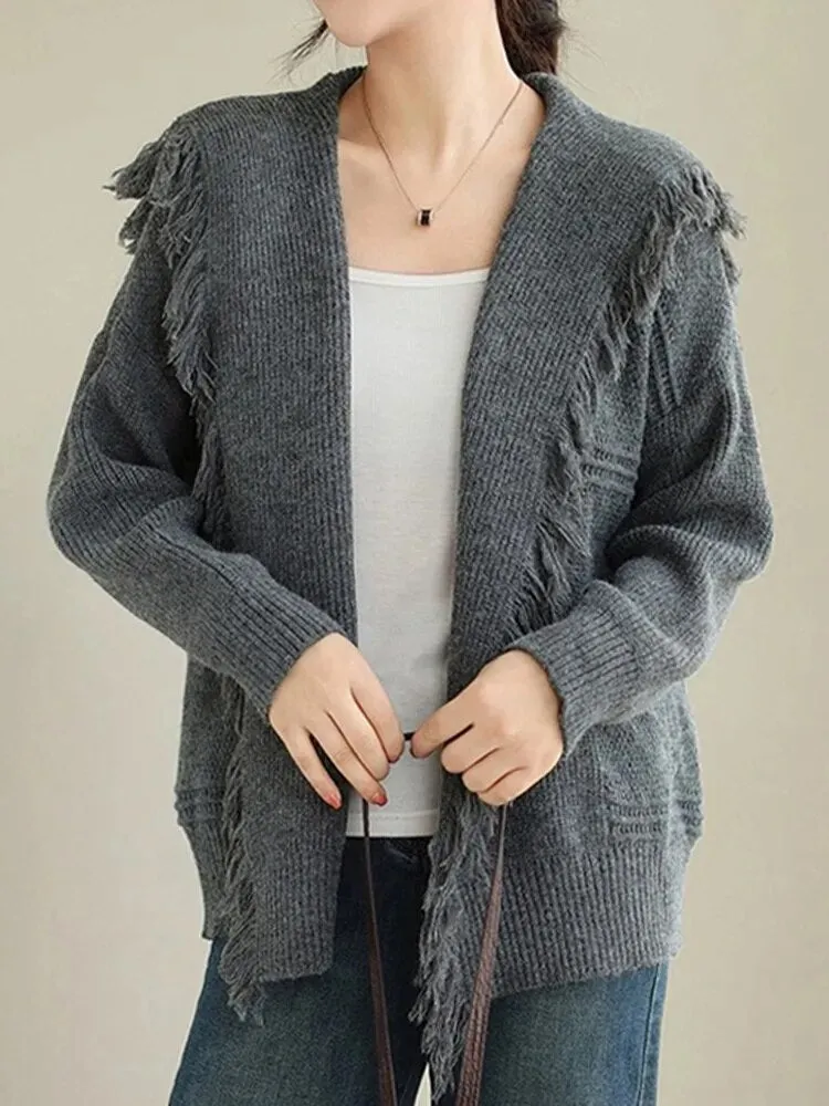 Solid Loose Knitting Sweaters For Women Sailor Collar Long Sleeve Patchwork Tassel Minimalist Sweater Female