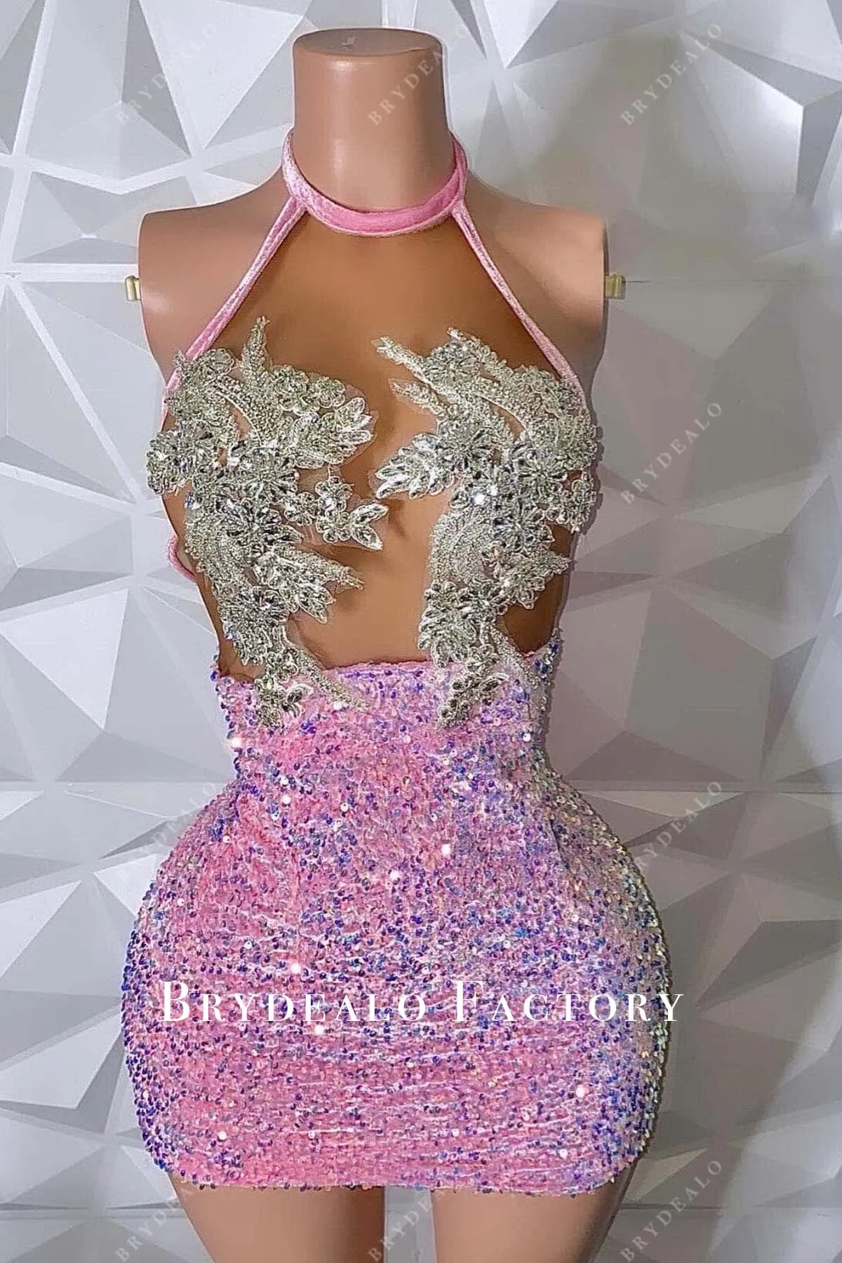 Sparkly Rhinestones Halter Pink Sequined Mini Dress