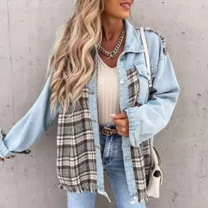 Spring Autumn Tops Outwear Mujer Vintage Fashion Plaid Print Patchwork Denim Coat