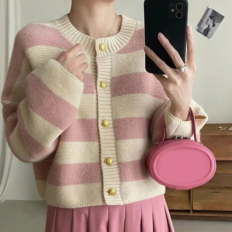 Striped Knitted Cardigans Women 2023 Autumn Winter Button Up Loose Cardigan Sweaters Woman Korean Style Long Sleeve Knitwear