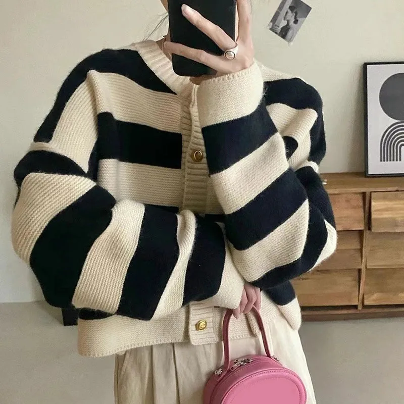 Striped Knitted Cardigans Women 2023 Autumn Winter Button Up Loose Cardigan Sweaters Woman Korean Style Long Sleeve Knitwear