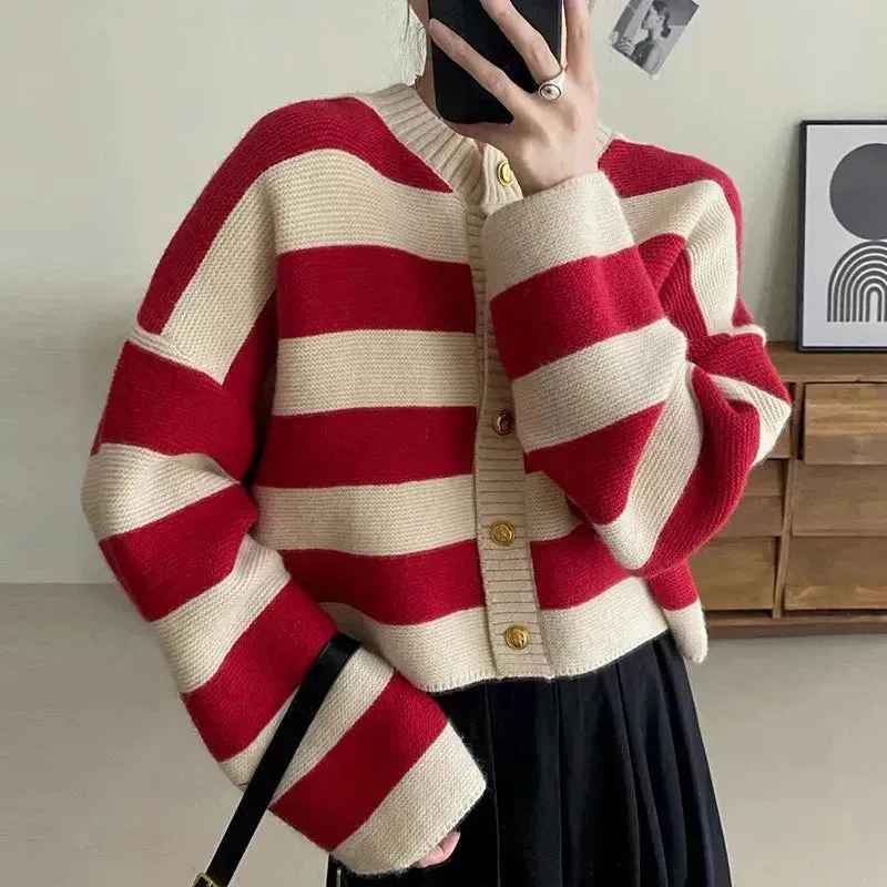 Striped Knitted Cardigans Women 2023 Autumn Winter Button Up Loose Cardigan Sweaters Woman Korean Style Long Sleeve Knitwear