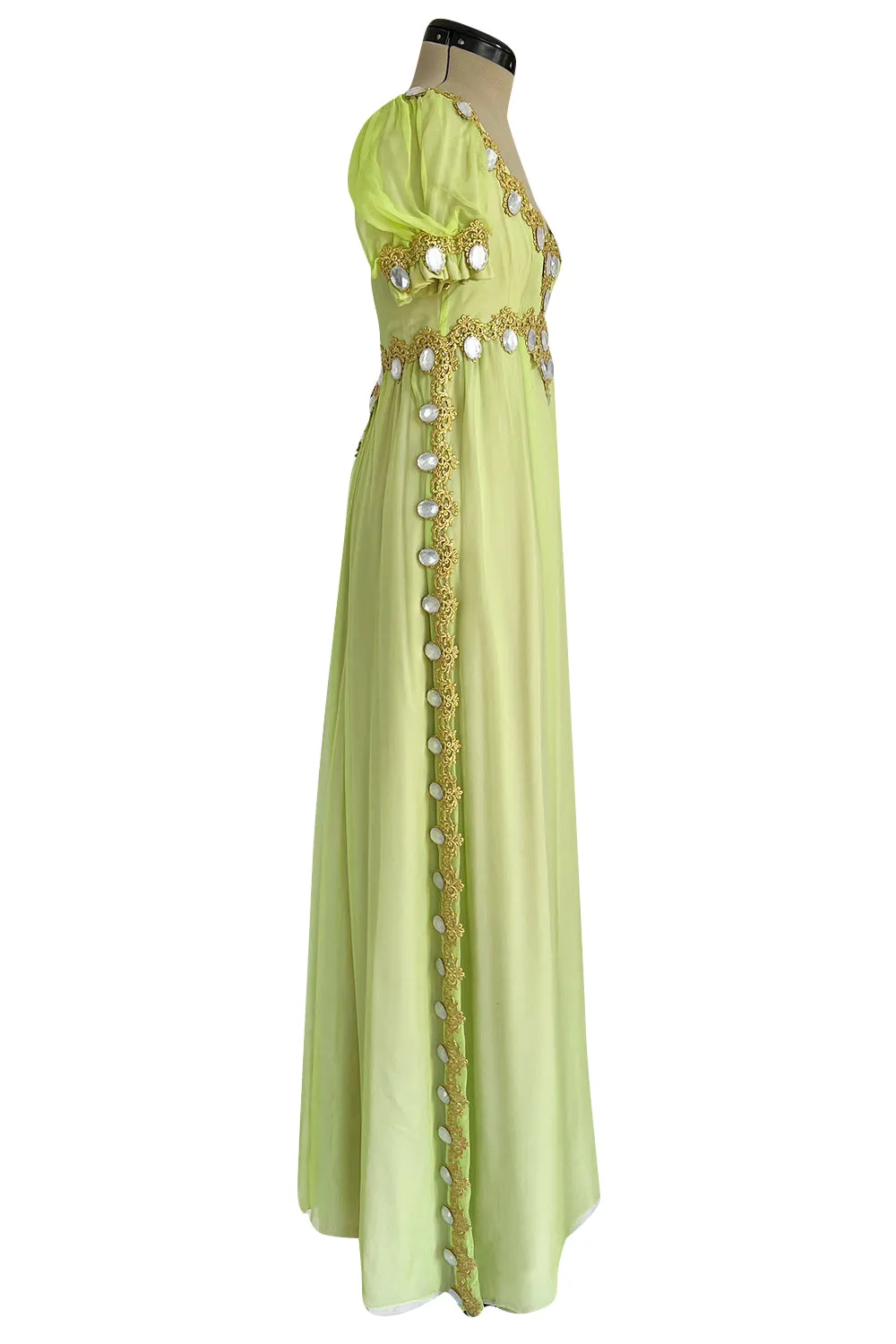 Stunning Unlabelled Vintage Soft Lime Silk Chiffon Regency Inspired Dress & Coat Set