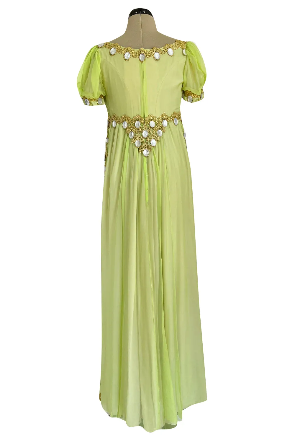 Stunning Unlabelled Vintage Soft Lime Silk Chiffon Regency Inspired Dress & Coat Set