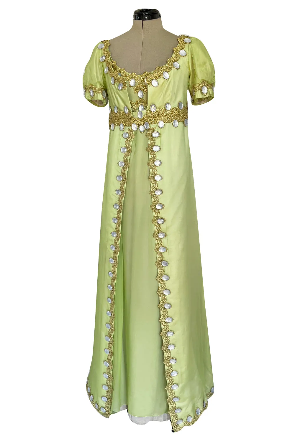 Stunning Unlabelled Vintage Soft Lime Silk Chiffon Regency Inspired Dress & Coat Set