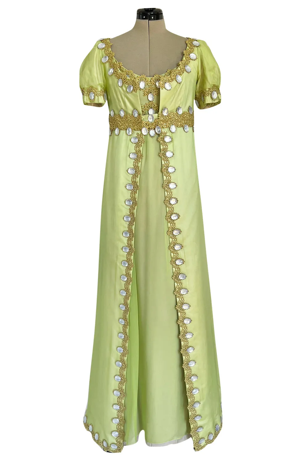 Stunning Unlabelled Vintage Soft Lime Silk Chiffon Regency Inspired Dress & Coat Set