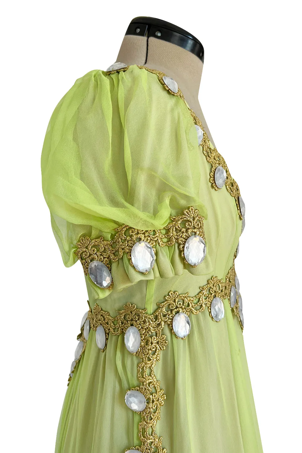 Stunning Unlabelled Vintage Soft Lime Silk Chiffon Regency Inspired Dress & Coat Set