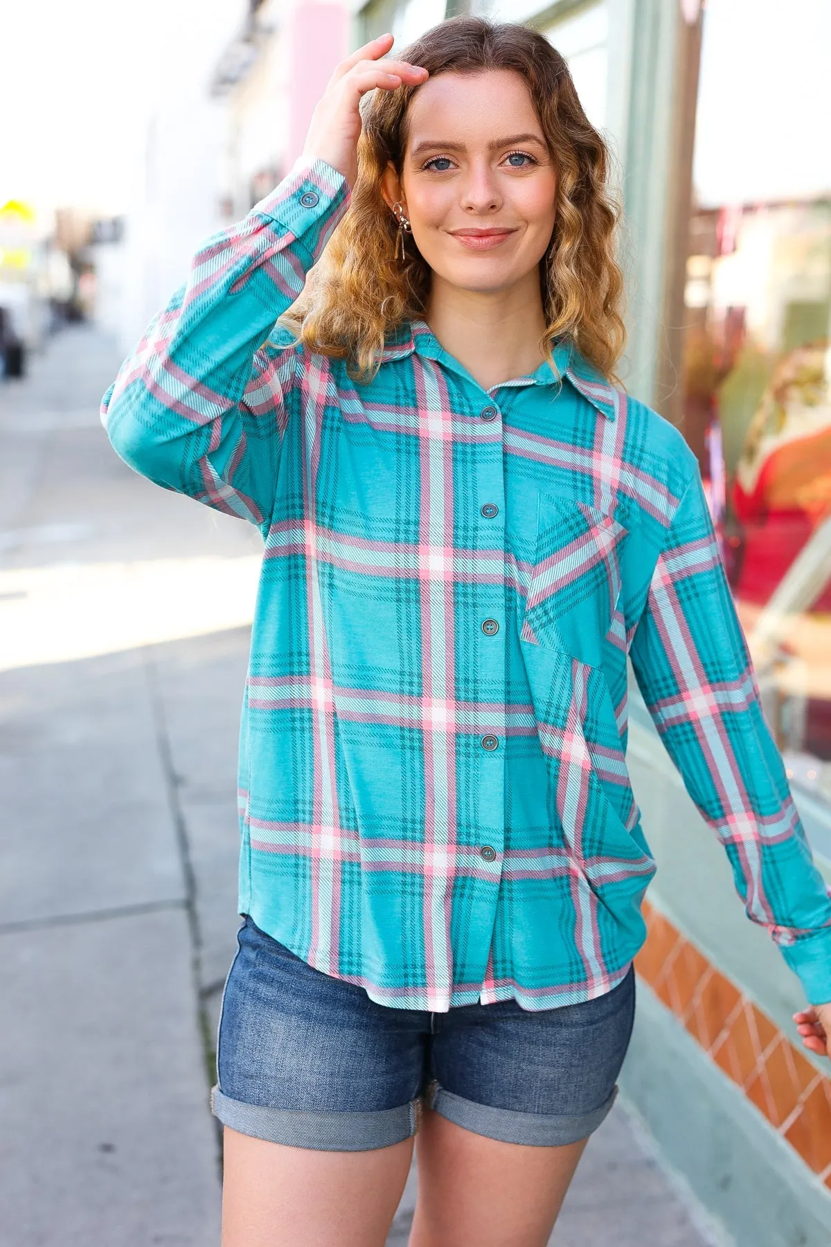 Teal Plaid Shacket With Front Pocket