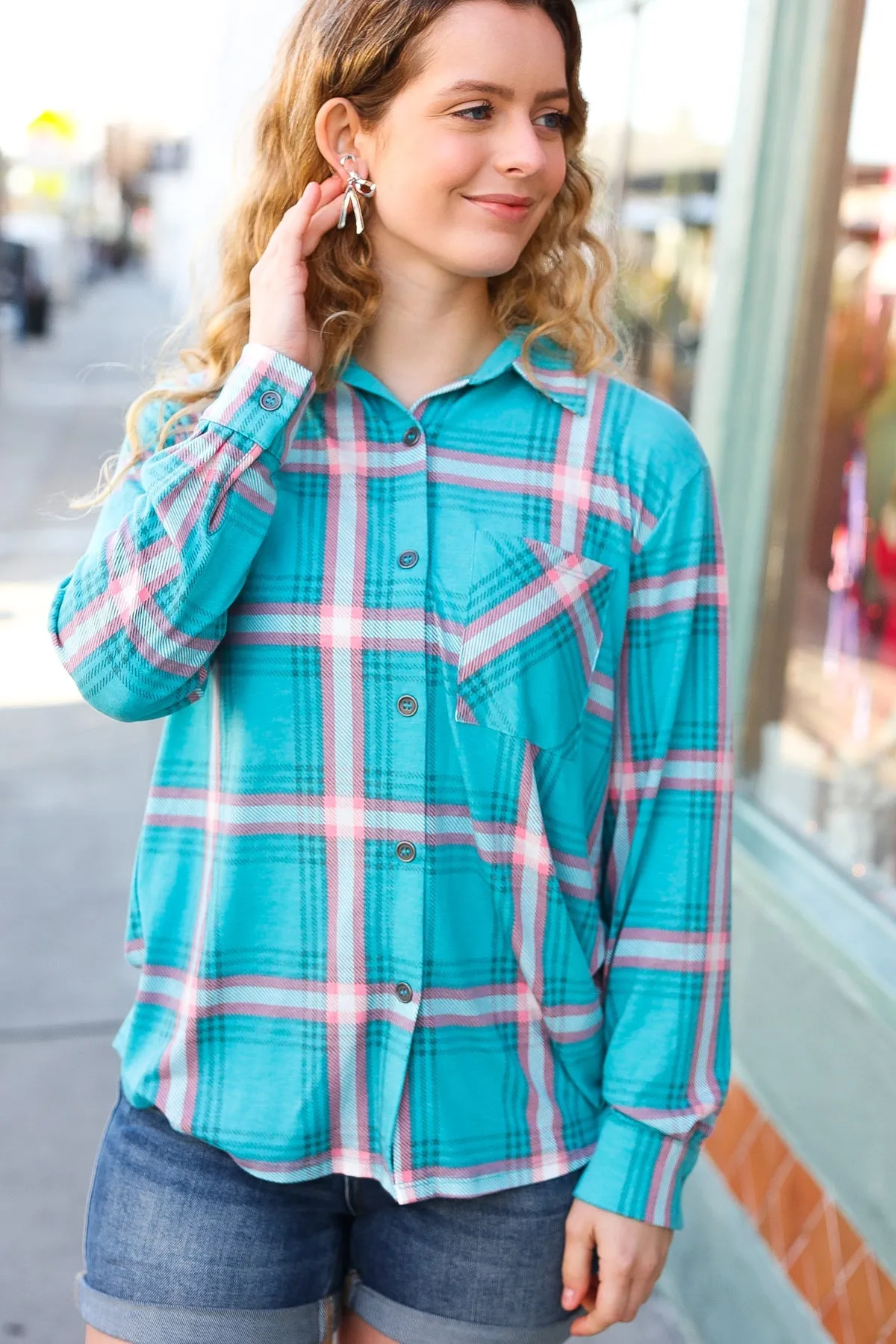 Teal Plaid Shacket With Front Pocket