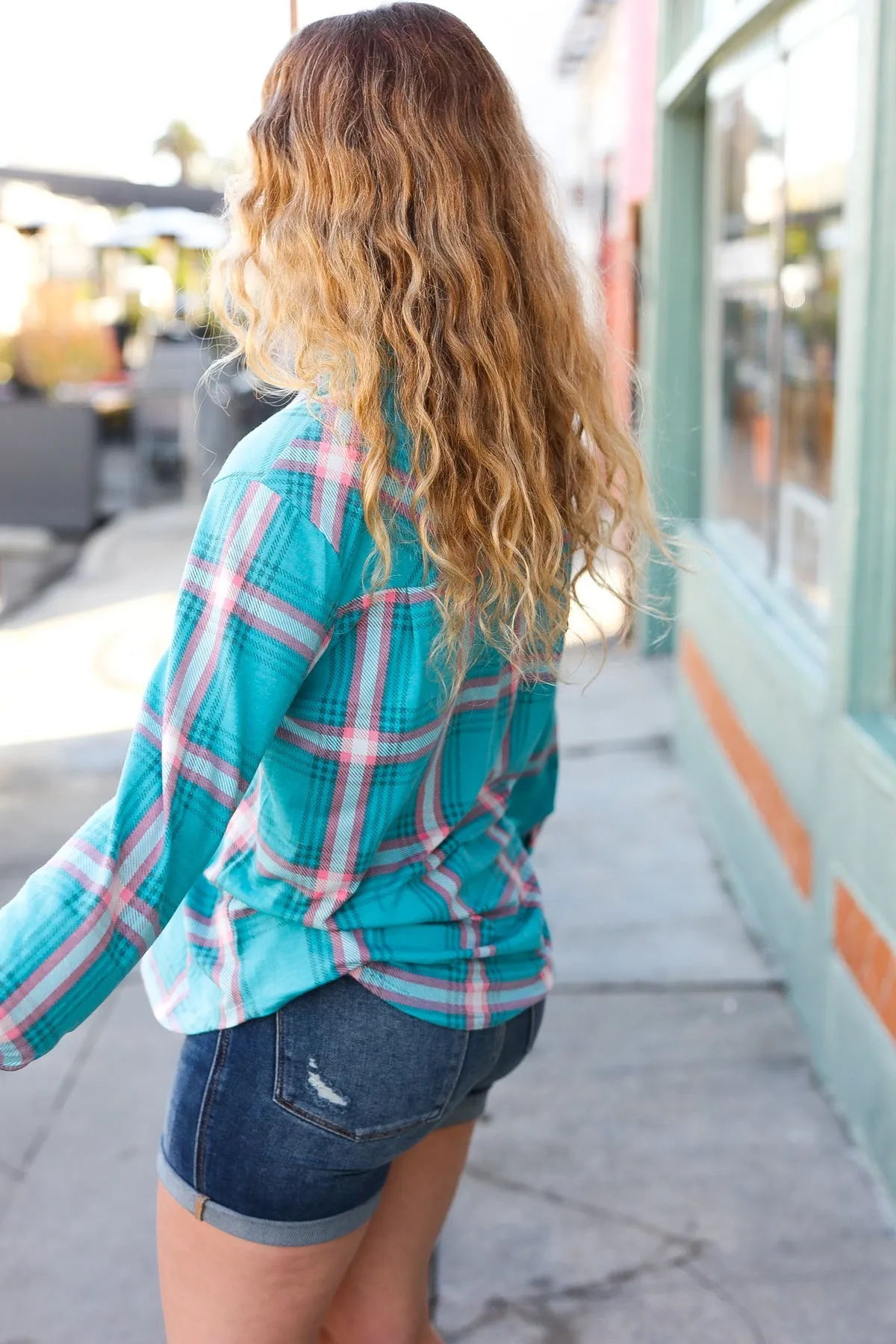 Teal Plaid Shacket With Front Pocket