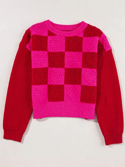 TEEK - Plaid Heart Round Neck Sweater