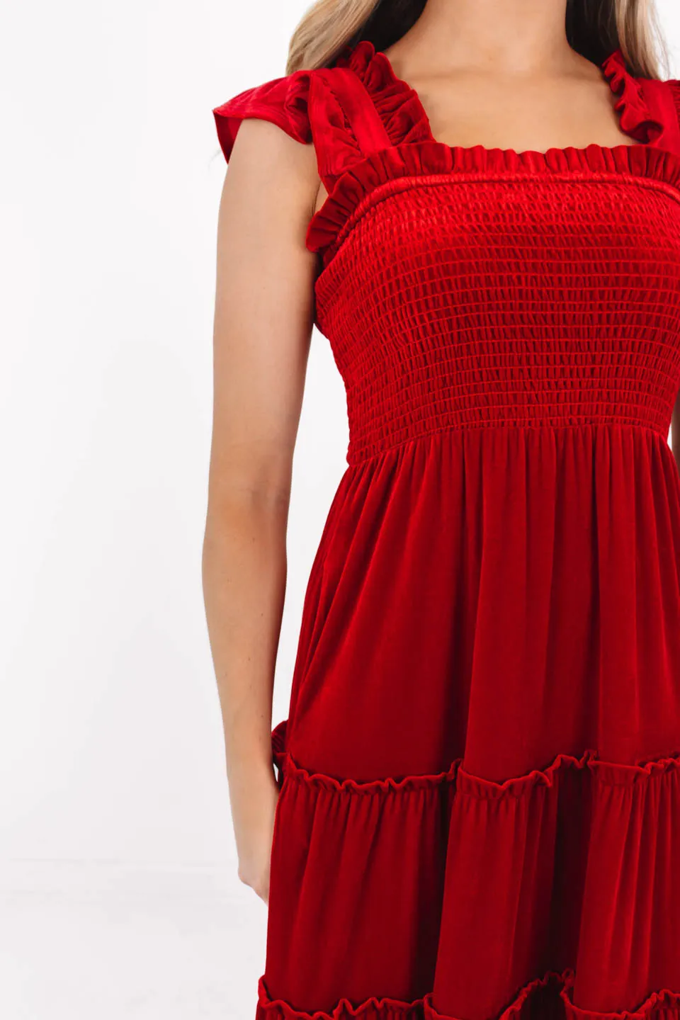 The Sol Ruffle Strap Midi Dress - Crimson Velvet