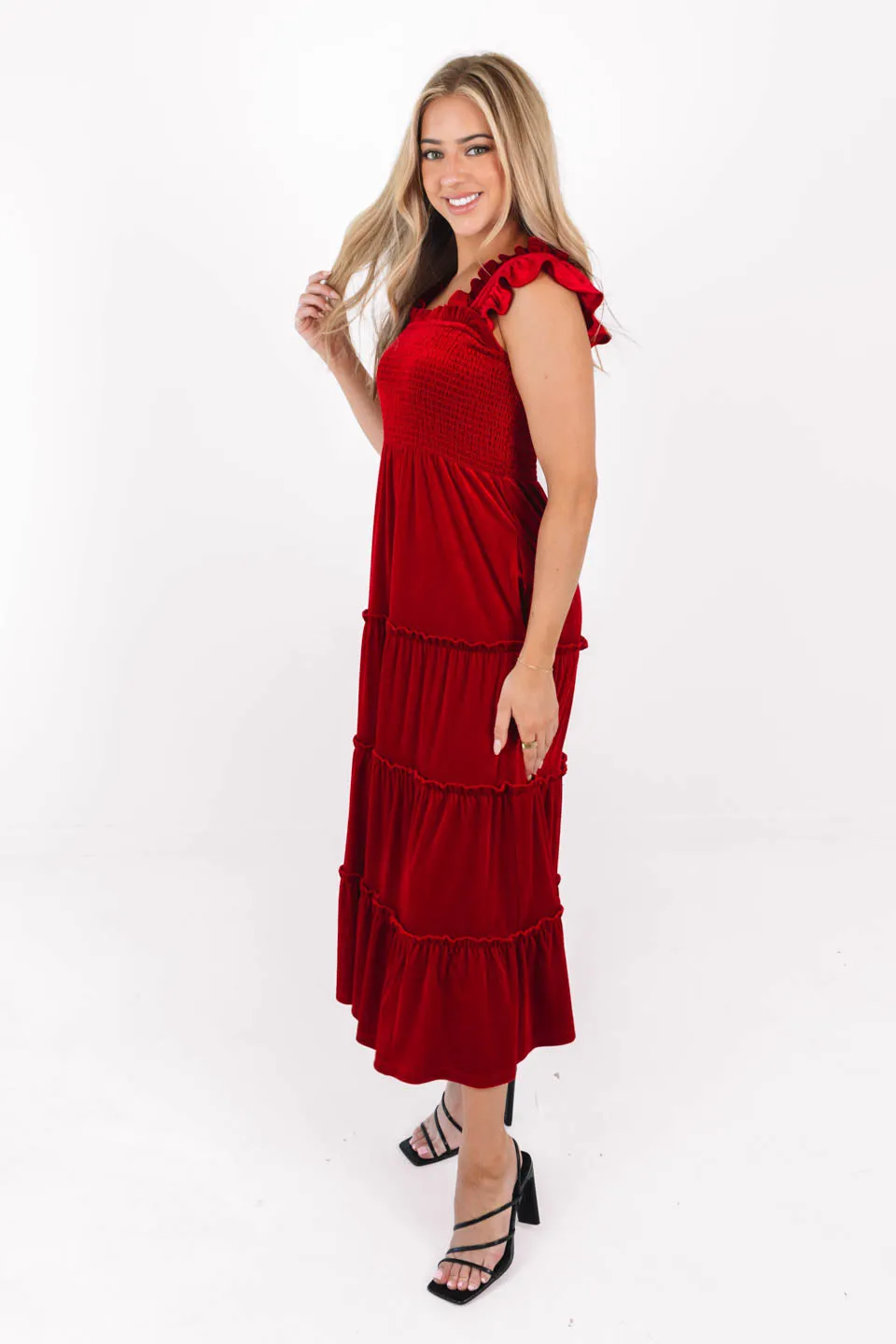 The Sol Ruffle Strap Midi Dress - Crimson Velvet