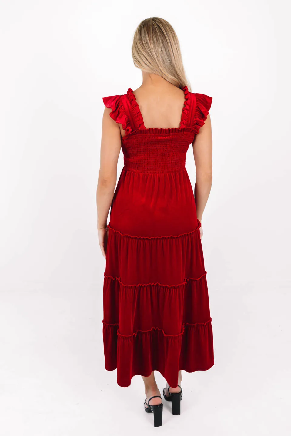 The Sol Ruffle Strap Midi Dress - Crimson Velvet