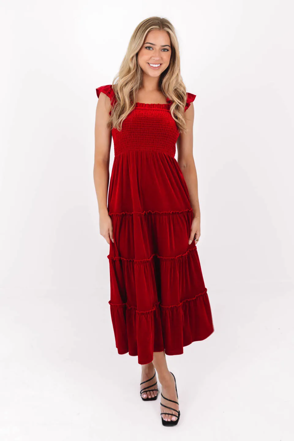 The Sol Ruffle Strap Midi Dress - Crimson Velvet