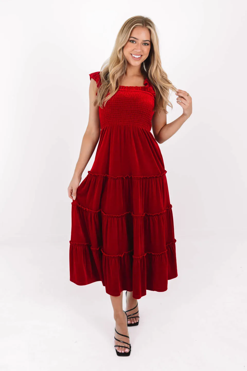 The Sol Ruffle Strap Midi Dress - Crimson Velvet