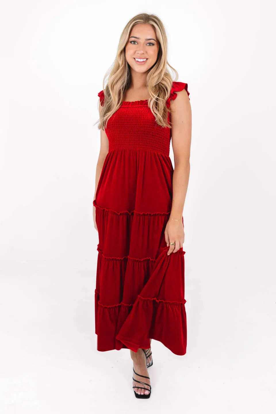 The Sol Ruffle Strap Midi Dress - Crimson Velvet