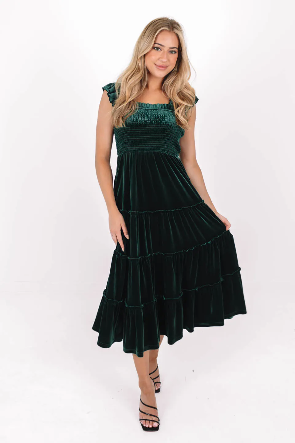 The Tyler Ruffle Strap Midi Dress - Green Velvet