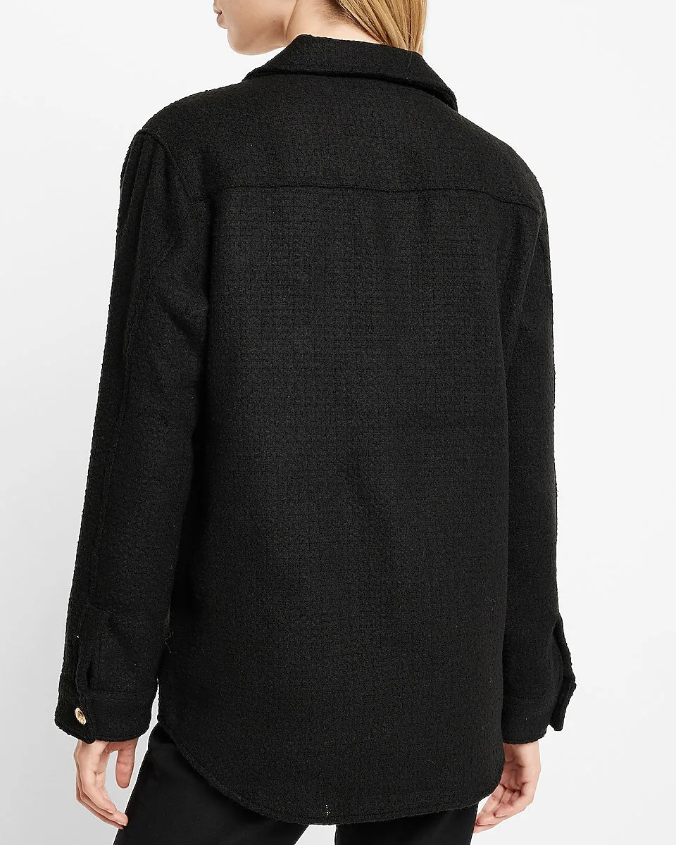 Tweed Novelty Button Oversized Shacket in Pitch Black