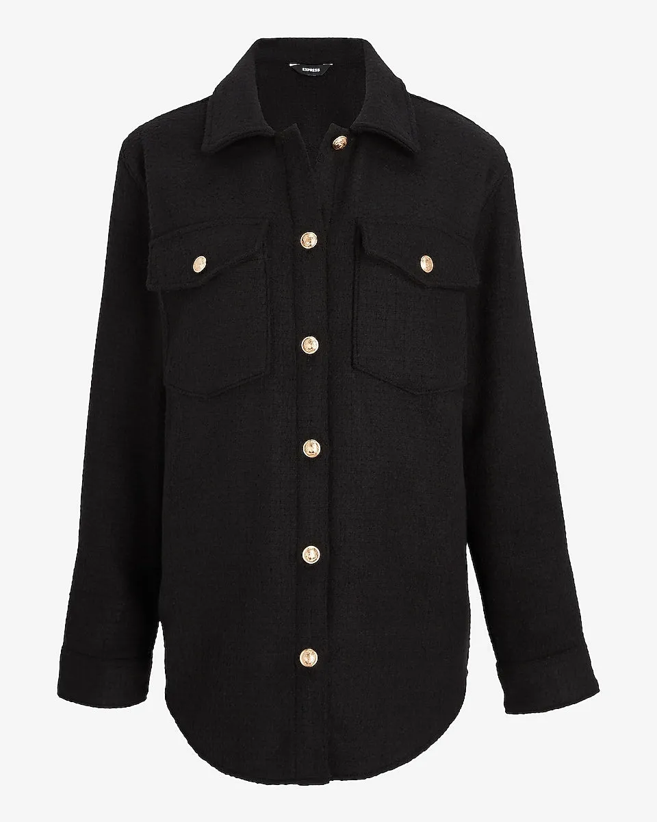 Tweed Novelty Button Oversized Shacket in Pitch Black