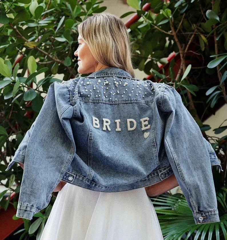 Uniwim Rhinestone Custom Bridal Denim Jacket Future Mrs Wedding Jackets Wifey Name Pearl Detailing Personalized Bridal Party Coat