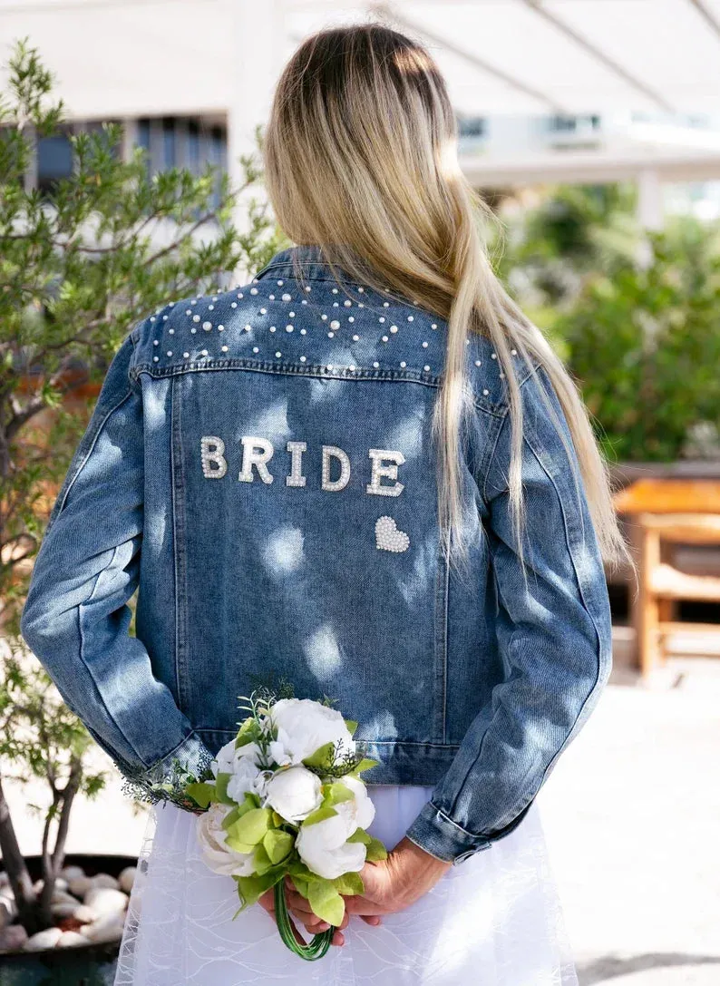 Uniwim Rhinestone Custom Bridal Denim Jacket Future Mrs Wedding Jackets Wifey Name Pearl Detailing Personalized Bridal Party Coat