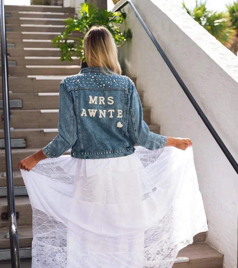 Uniwim Rhinestone Custom Bridal Denim Jacket Future Mrs Wedding Jackets Wifey Name Pearl Detailing Personalized Bridal Party Coat