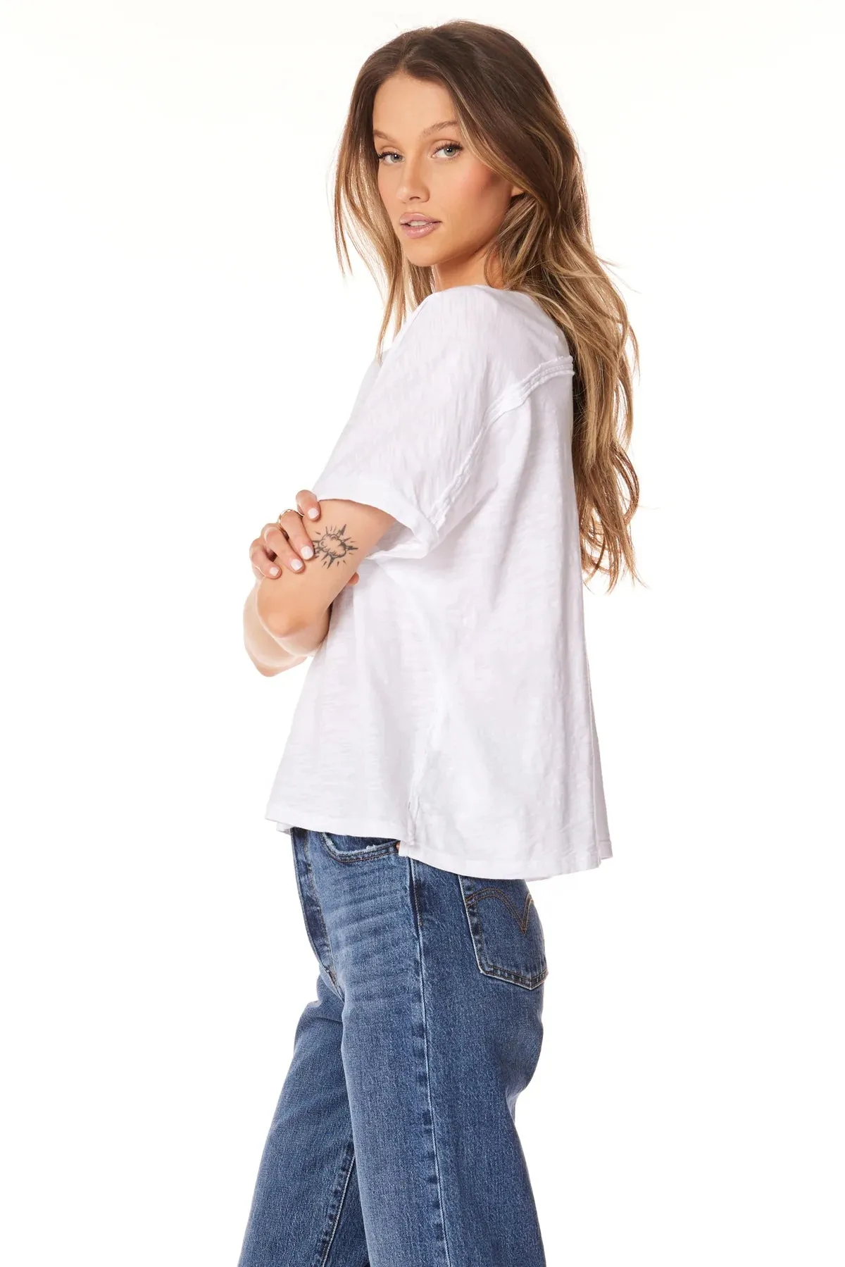 V Neck Boxy Dolman Tee - White