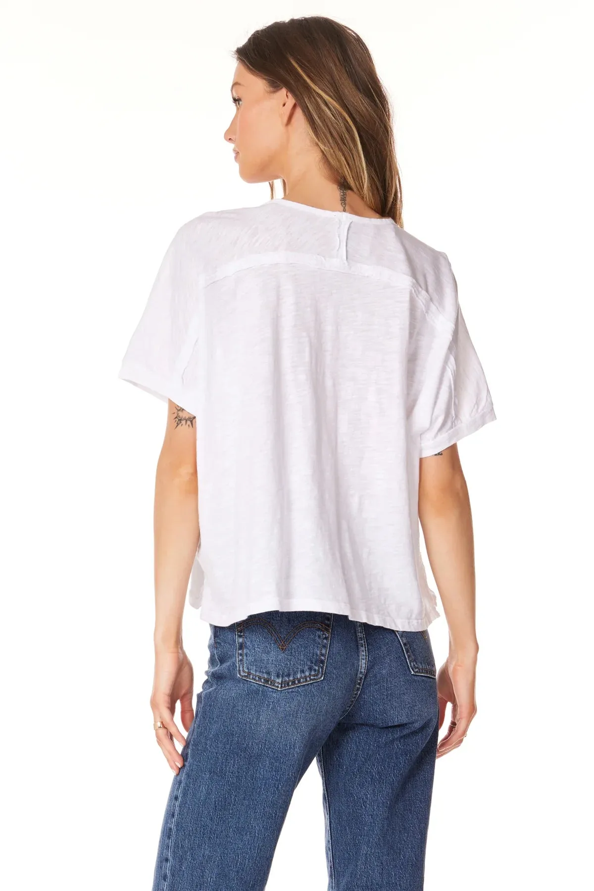 V Neck Boxy Dolman Tee - White