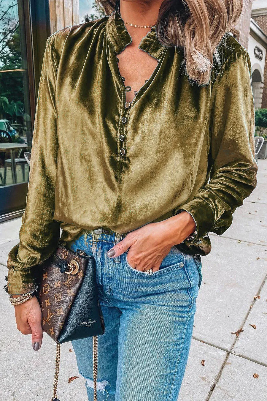 V Neck Velvet Long Sleeve Shirt