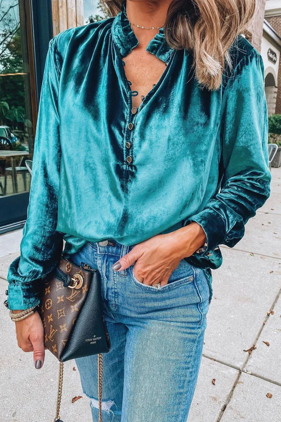 V Neck Velvet Long Sleeve Shirt