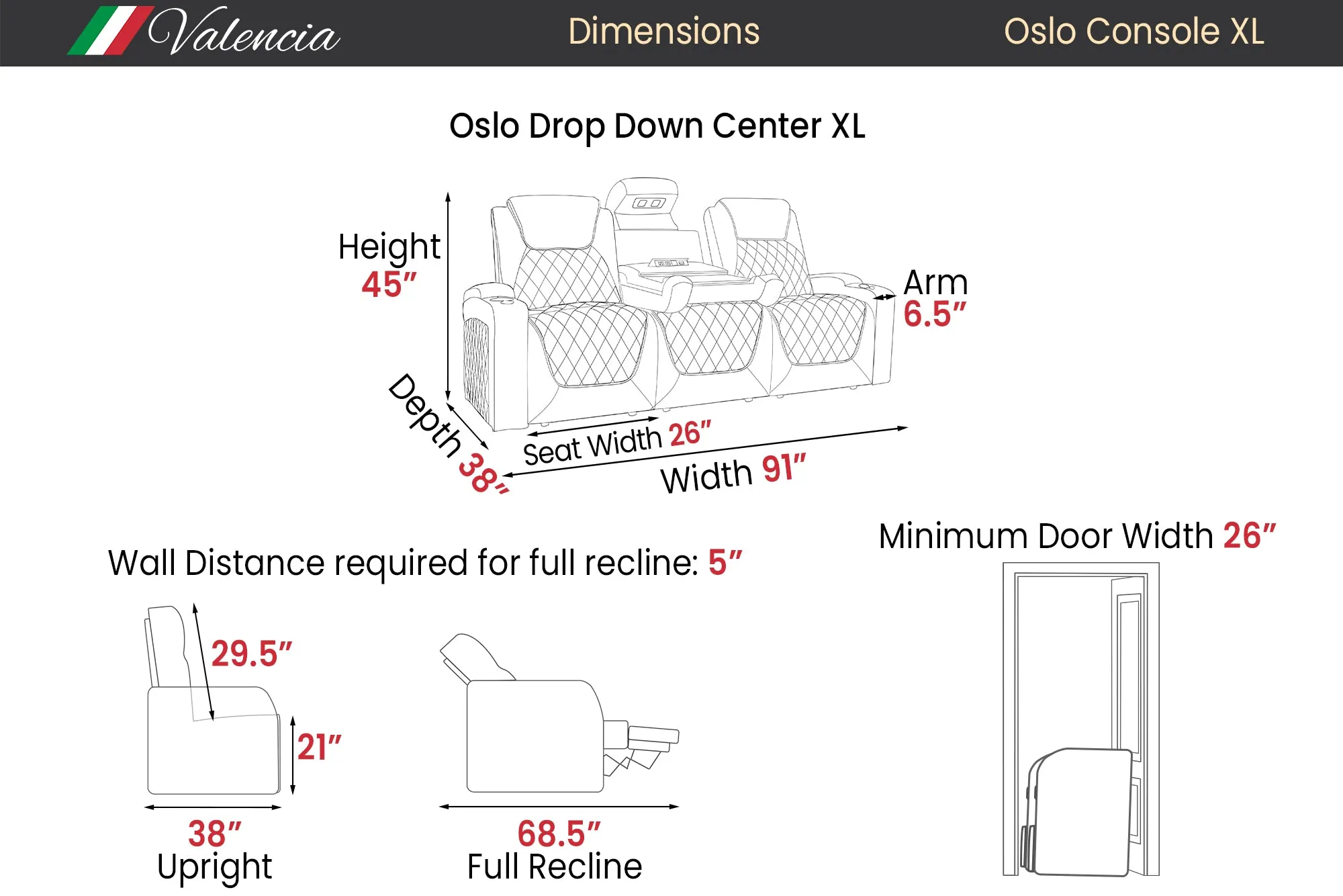 Valencia Oslo XL Console Leather Home Theater Seating Row of 3 Dropdown Center, Midnight Black