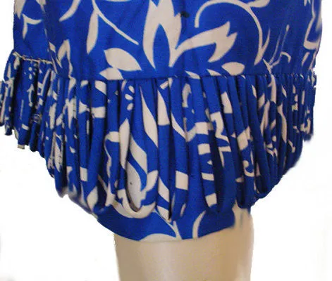 *VINTAGE JANET LYNN COTTON THISTLE & FLORAL DRESS IN MEDITERRANEAN BLUE & WHITE WITH LOOPED FRINGE HEM