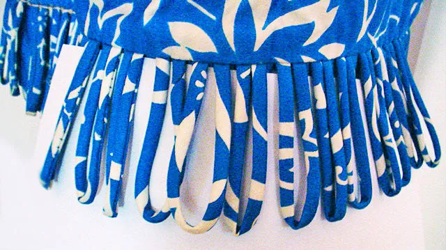 *VINTAGE JANET LYNN COTTON THISTLE & FLORAL DRESS IN MEDITERRANEAN BLUE & WHITE WITH LOOPED FRINGE HEM