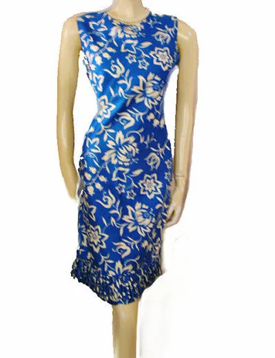 *VINTAGE JANET LYNN COTTON THISTLE & FLORAL DRESS IN MEDITERRANEAN BLUE & WHITE WITH LOOPED FRINGE HEM