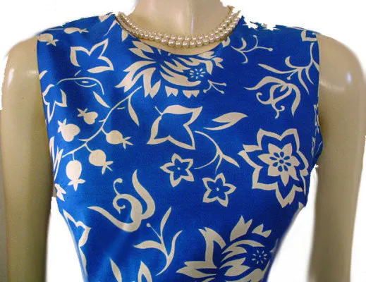 *VINTAGE JANET LYNN COTTON THISTLE & FLORAL DRESS IN MEDITERRANEAN BLUE & WHITE WITH LOOPED FRINGE HEM