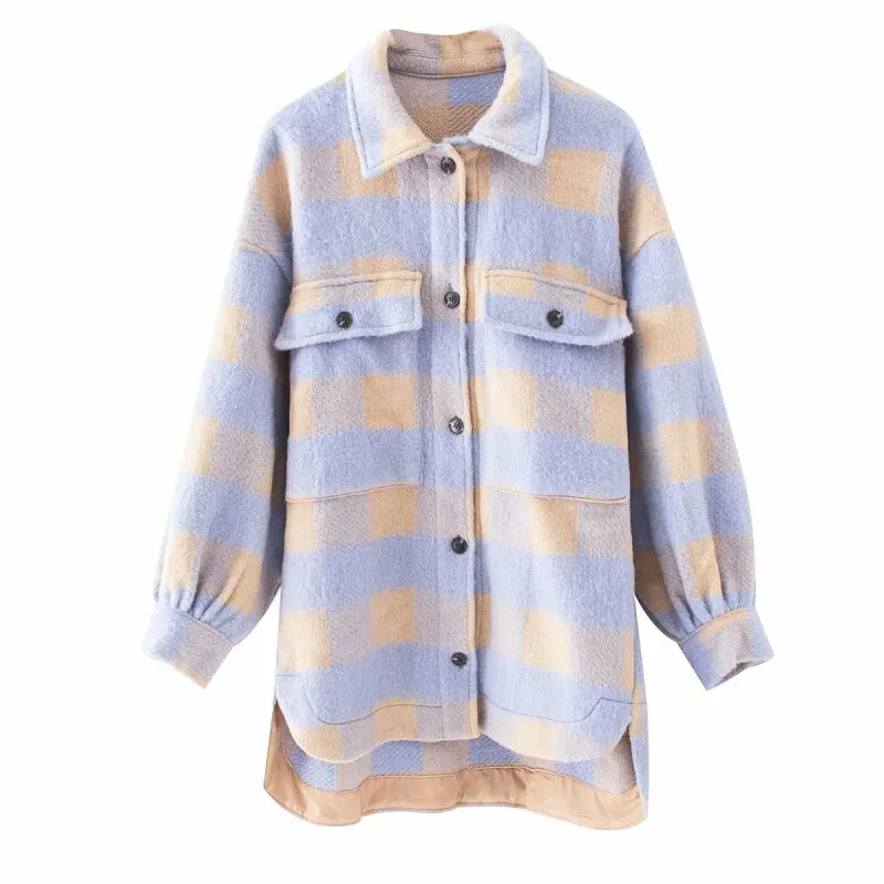 Wenkouban  Casual Woman Purple Plaid Woolen Coat 2022 Fashion Ladies Autumn Oversized Turn Down Collar Jacket Female Chic Warm Coats