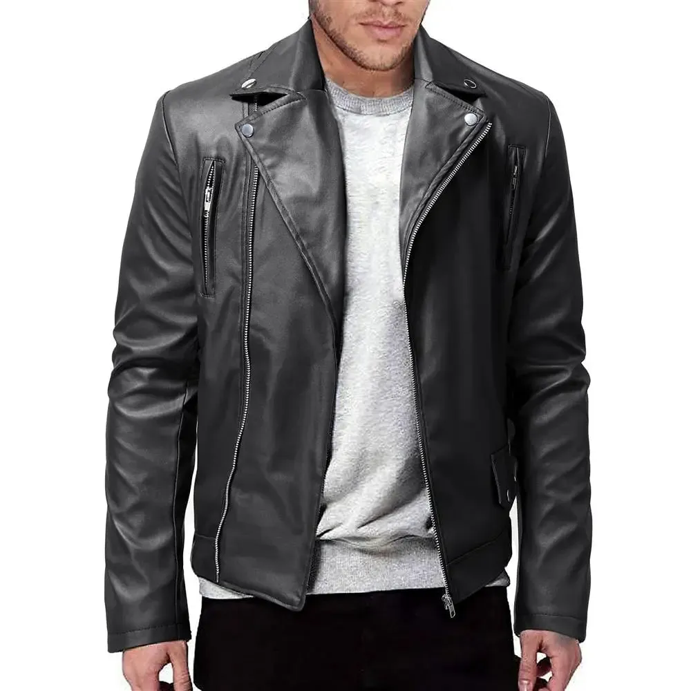 Wiaofellas  -  Autumn PU Leather Jackets Men Turn Down Collar Motorcycle Jacket Coat Mens Slim Fit Solid Color Moto Biker Casual Outerwear Man