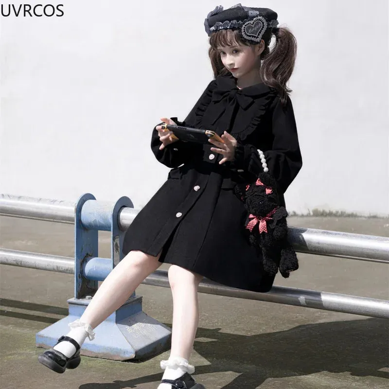 Winter Woolen Lolita Style Sweet Kawai Bow Loose Outwear Clothes