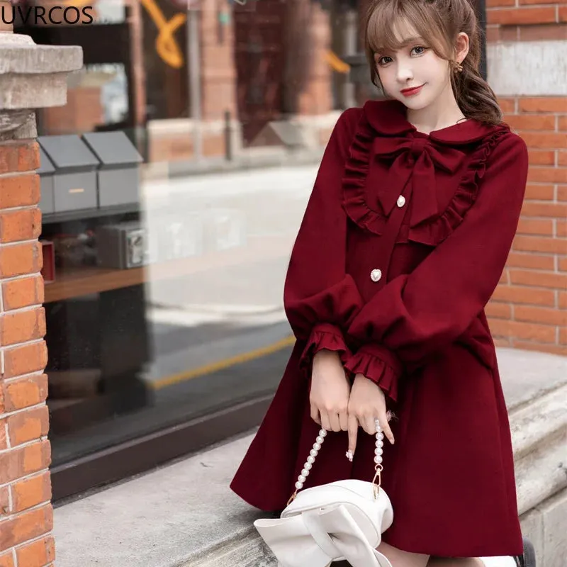 Winter Woolen Lolita Style Sweet Kawai Bow Loose Outwear Clothes