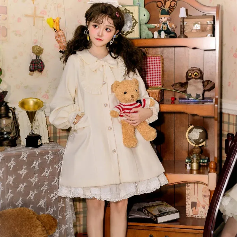 Winter Woolen Lolita Style Sweet Kawai Bow Loose Outwear Clothes