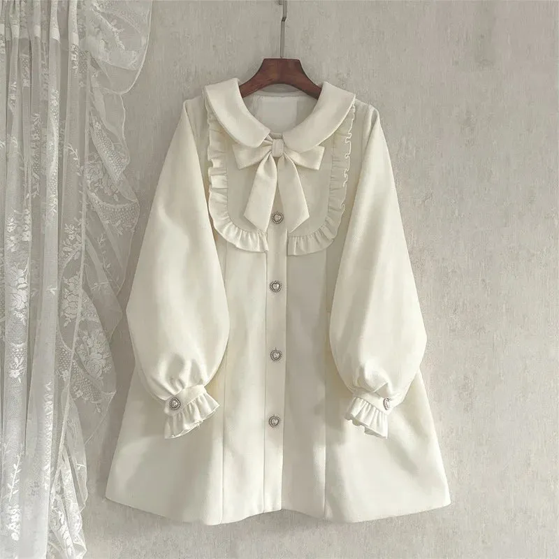 Winter Woolen Lolita Style Sweet Kawai Bow Loose Outwear Clothes