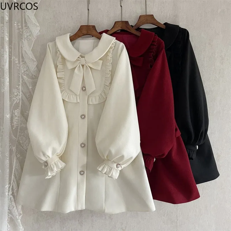 Winter Woolen Lolita Style Sweet Kawai Bow Loose Outwear Clothes