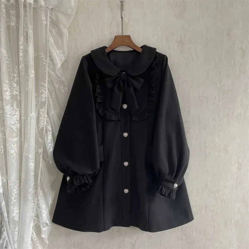 Winter Woolen Lolita Style Sweet Kawai Bow Loose Outwear Clothes