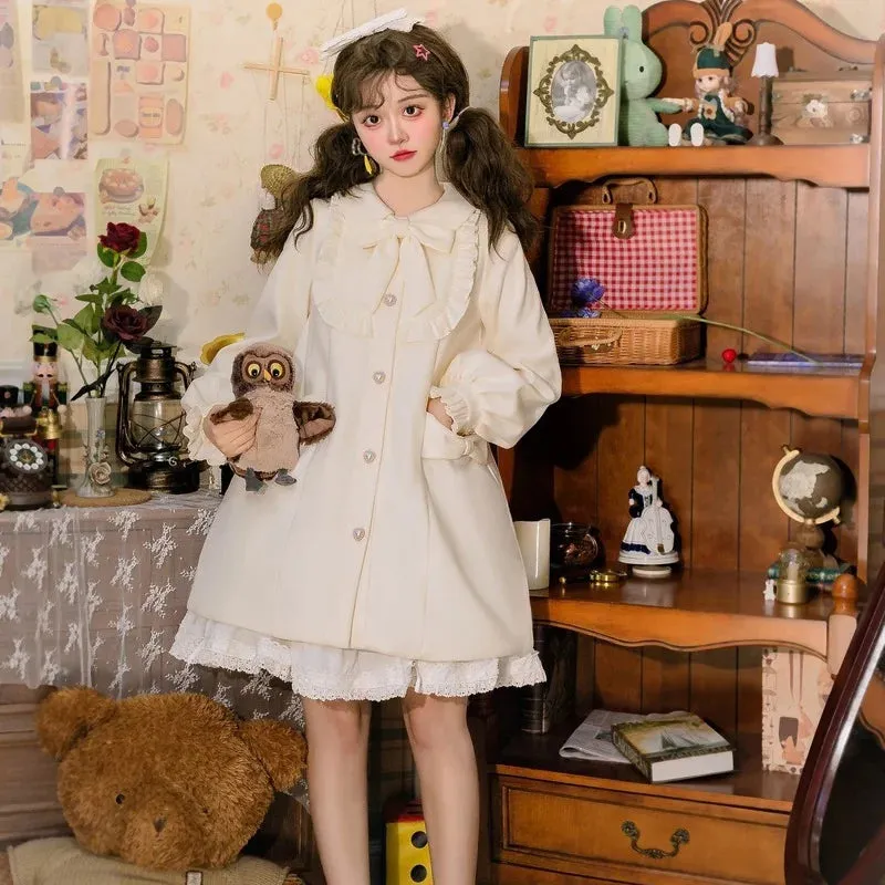 Winter Woolen Lolita Style Sweet Kawai Bow Loose Outwear Clothes