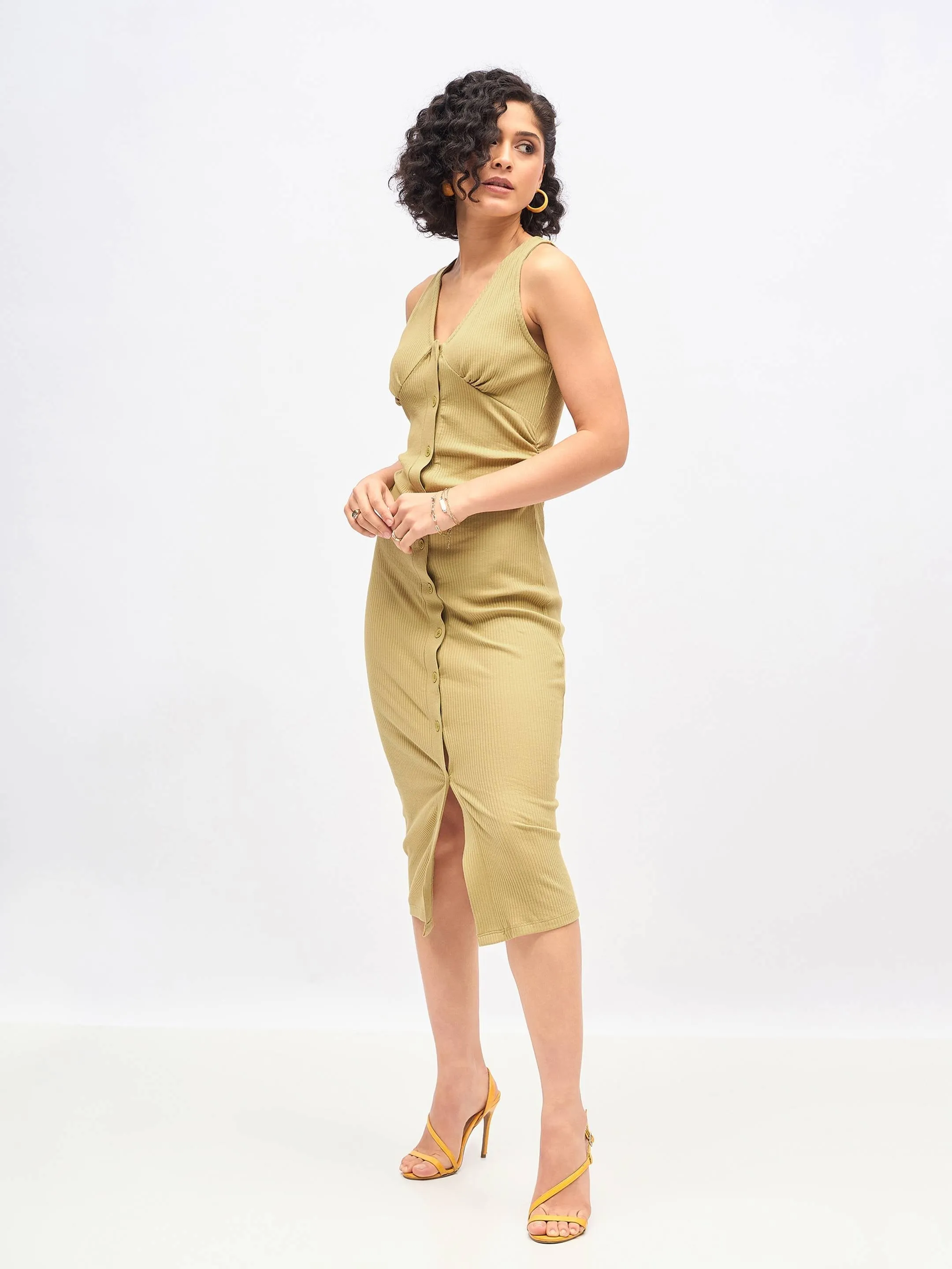 Women Khaki Rib Front Button Bodycon Midi Dress