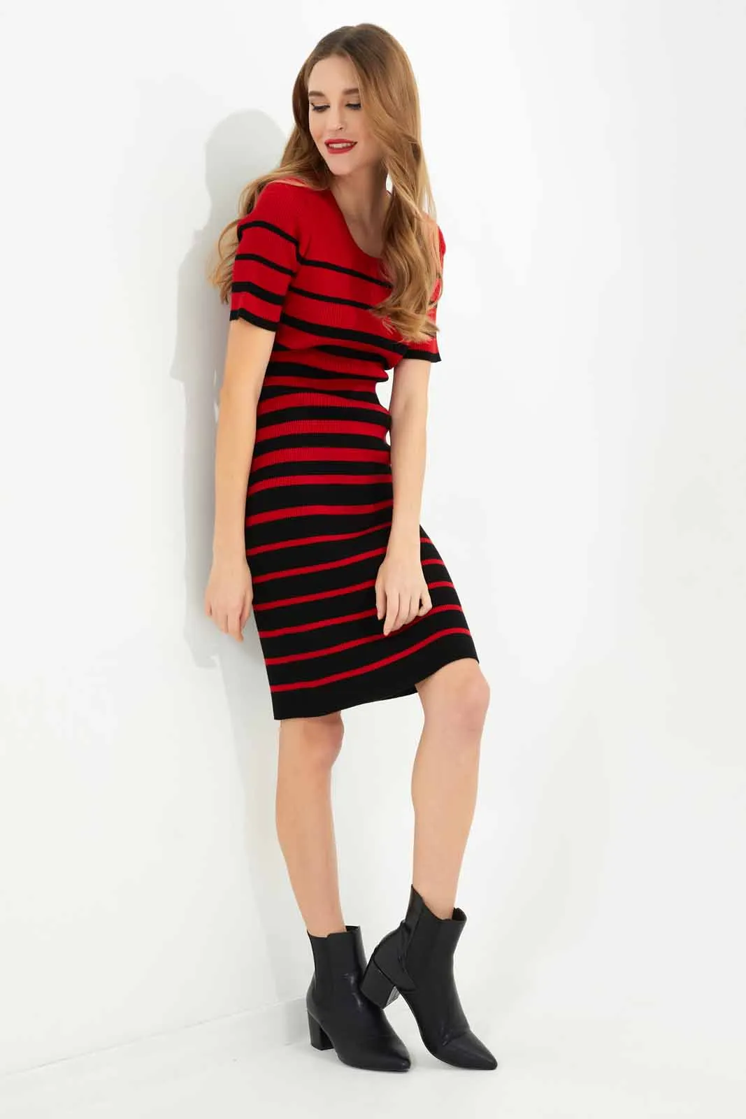 Women Red And Black Striped Bodycon Dress