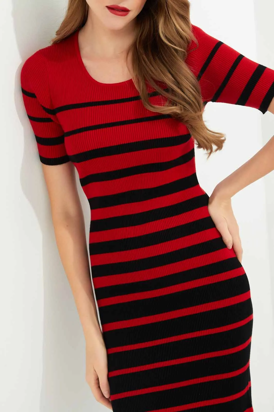 Women Red And Black Striped Bodycon Dress