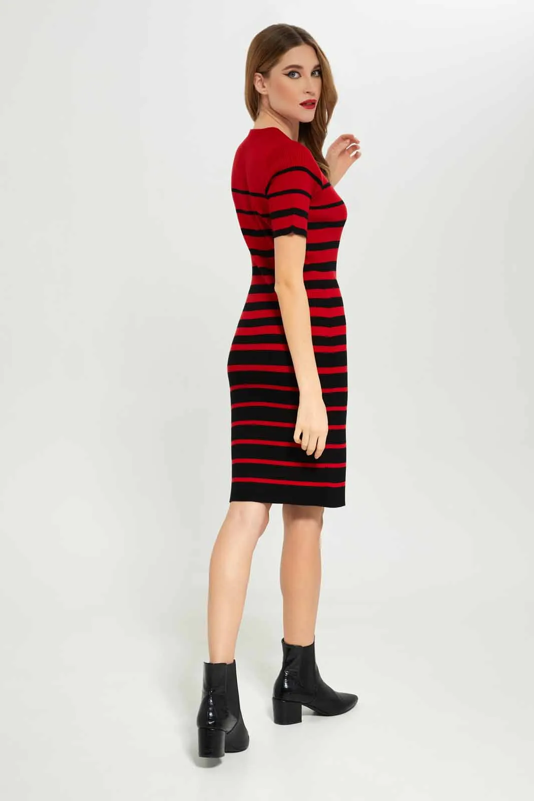 Women Red And Black Striped Bodycon Dress